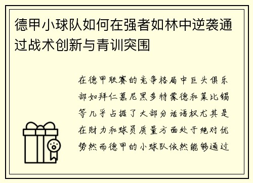 德甲小球队如何在强者如林中逆袭通过战术创新与青训突围