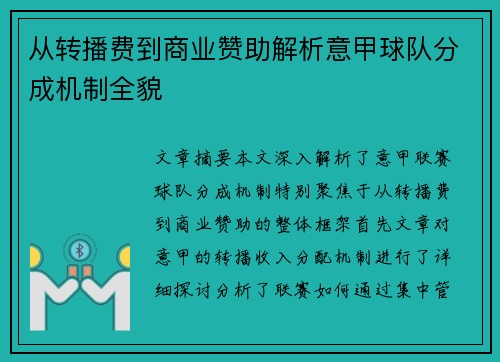 从转播费到商业赞助解析意甲球队分成机制全貌
