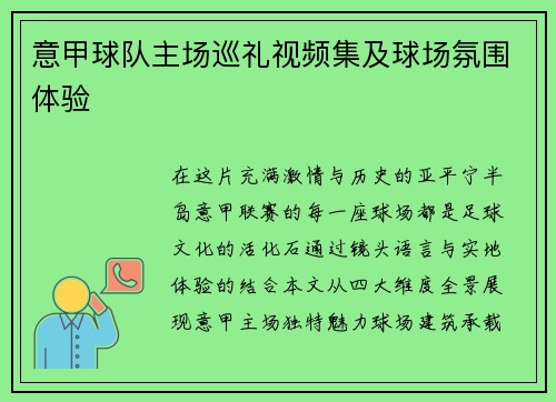 意甲球队主场巡礼视频集及球场氛围体验